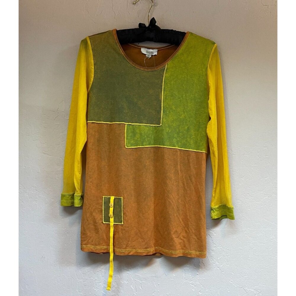 Dolcezza Womens Colorblock 3/4 Sleeve T-Shirt Top Medium Brown Green 59771 New